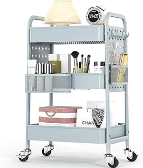 TOOLF Metal Rolling Storage Cart, 3-Tier Utility Mobile Cart with DIY Pegboards, Serving Trolley Cart with Baskets Hooks, for Kitchen, Bathroom, Office, Home, Classroom (Mint Green)
