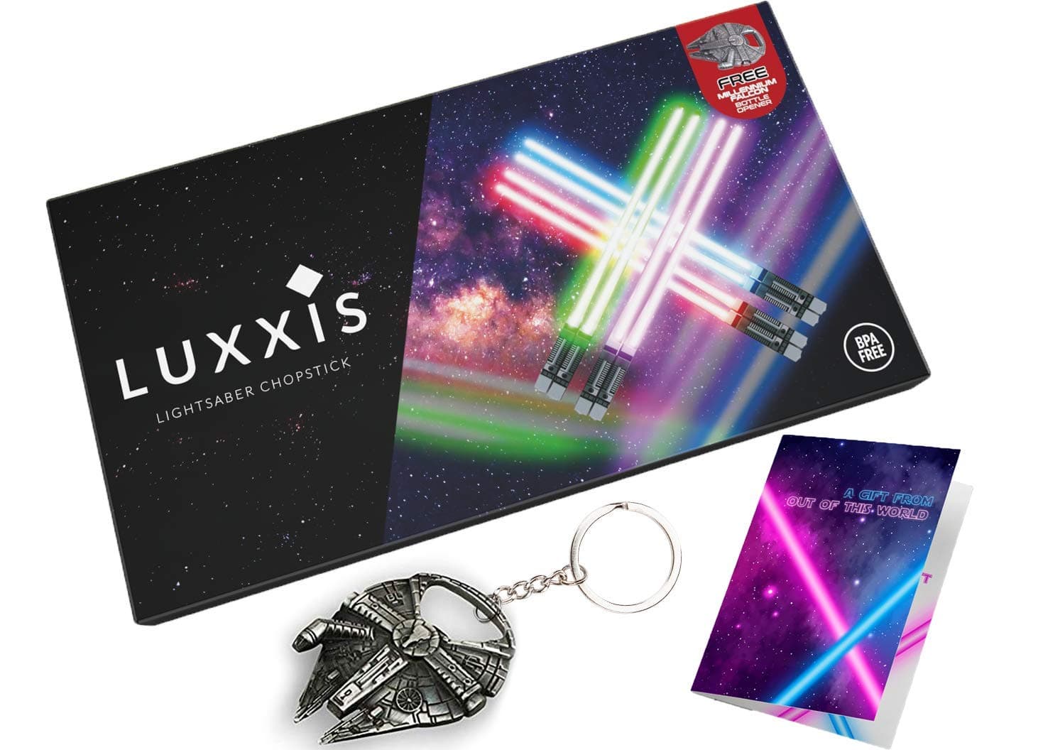 Lightsaber Light up LED Chopsticks Multi function for Star Wars Theme Party Fun for Gift Set [4 PAIR – RED / BLUE / GREEN / PURPLE SET] with Bottle Opener and Gift Ready Postcard