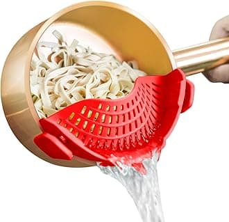 AUOON Snap'N Strain Strainer with 2 Clip for Veggies Pasta Ground Meat and More for Pots Pans,Made by FDA Approved, Heat Resistant Silicone, Red