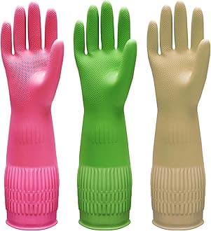 Bamllum 3 Pairs of Rubber Dishwashing Gloves for Kitchen and Household Cleaning – Long Cuff 15", Reusable, Flexible Long-lasting and Non-Slip (Red+Yellow+Green, X-Large)