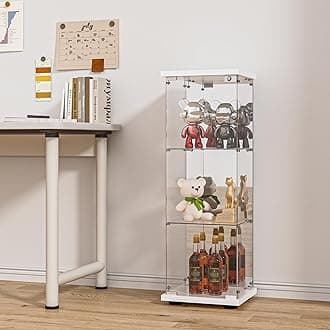 FANYUSHOW 3-Shelf Glass Display Cabinet with Mirrored Back, Upgraded Quick-Install Style Curio Cabinets 5mm Tempered Glass Bookshelf for Bedroom, Living Room 49.1”x 16.7”x 14.3” White