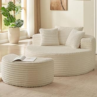 Oversized Round Chaise Lounge Chair Indoor with Ottoman, Modern Upholstered Corduroy Circle Couch with Pillows, Boneless Round Chairs for Living Room, Apartroom, No Assembly Required, White