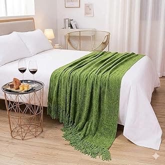 Cazimo Chenille Decorative Throw Blanket for Sofa & Chair | Super Soft All-Season Fringe Throw for Living Room | Fade Resistant, 60x50 Inches, Light Green