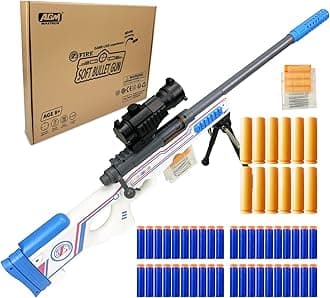AGM MASTECH AWM Soft Bullet Toys Gun, Empty Shell Ejecting Design, 40 Soft Foam Darts, 20 Shells, 2 Magazines. Toy Blaster Gun for Parties, Family Fun, Kids & Adults (White) 14+