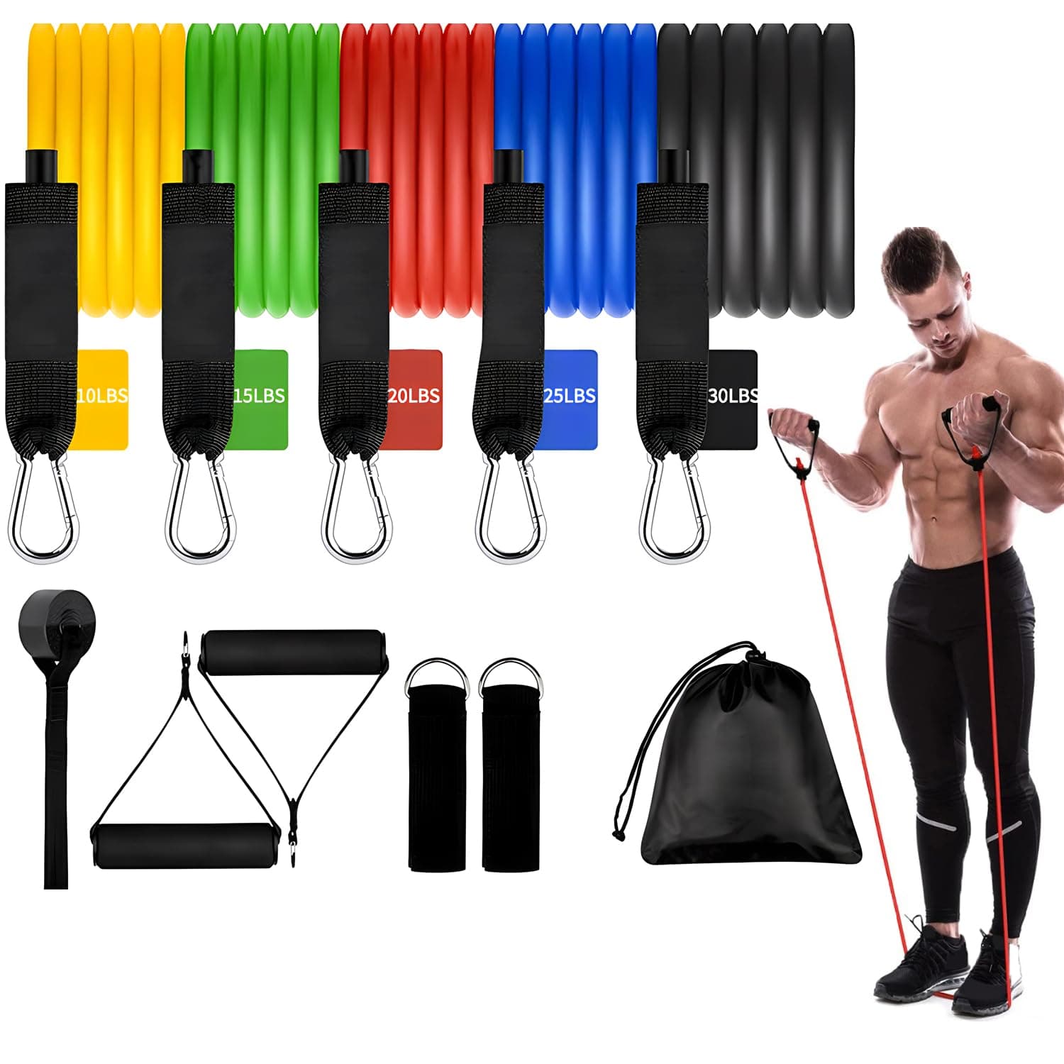 TOYBY Portable Exercise 11Pcs Resistance Band Set Stackable Up to 150 Lbs (5 Stackable Exercise Bands with Door Anchor, Ankle Straps Carrying Case) Exercise Stretch Fitness Home Set