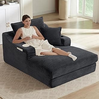Oversized Chaise Lounge Chair Indoor, Boneless Chaise Lounges with Cup Holders & 3 Pillows, Modern Corduroy Sleeper Sofa Cloud Couch Chair with Wide Arms, No Assembly Required (Dark Grey, 48")