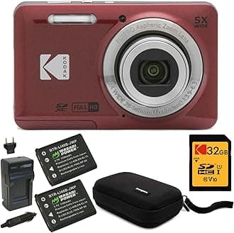 PIXPRO Friendly Zoom FZ55 Digital Camera (Red) Bundle with 32GB SD Card, Camera Case, and Battery Travel Charger (4 Items)