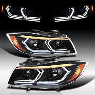 Autozensation Compatible with 2006-2011 BMW 3-Series E90 Sedan/E91 Wagon, Left + Right Pair Headlamps Assembly, Black Dual Projector Headlights with 3D LED Tube and Dynamic Startup Effect