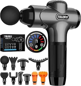 TOLOCO Massage Gun Deep Tissue, Percussion Massage Gun with 10 Replacement Heads, Super Quiet Portable Electric Massager for Athletes, Relax, Gray
