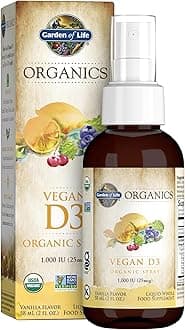 Garden of Life Organics Vegan Vitamin D3 Spray with Plant Omegas – Liquid Vitamin D3 for Immune Support & Bone Health, 1000 IU, USDA Organic, Non-GMO, Vanilla Flavor, 2 Fl Oz Bottle, 125 Servings