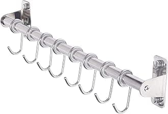 Dseap Kitchen Utensil Holder Hanger, Pot and Pan Rack Wall Mount, Kitchen Rail with 8 Hooks for Hanging Cooking Utensils, Mugs, Spoons, Wall Mounted, Stainless Steel, Chromed