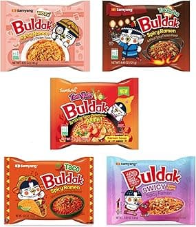 Buldak Chicken Stir Fried Ramen Korean Ramen (5 Flavor Combination, 5 Pack)