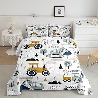 Feelyou Cartoon Car Kids Comforter Set Construction Bedding Set for Boys Toddler Decor Equipment Trucks Comforter Cartoon Car Excavator Tractor White Yellow Duvet Set Bedroom Quilt Set 3Pcs Full