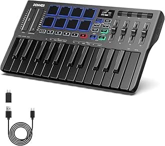 USB-C MIDI Keyboard Controller, 25 Key Portable Mini MIDI Keyboard with 8 Drum Pads, OLED Display, 16 Smart Scales, Arpeggio, Replay, 4 DAW Software and 40 Teaching Courses, DMK 25 Pro Black