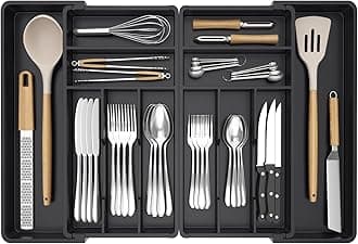Lifewit Extra Large Cutlery Drawer Organsier, Extendable Utensil Tray for Kitchen, Silverware and Flatware Holder, Compact Plastic Storage for Spoons Forks Knives, 46-70x42cm, 12 Sections, Black