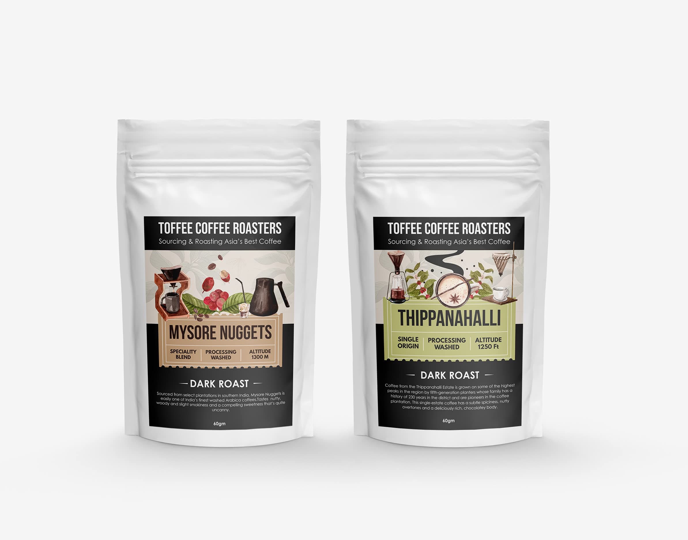 Toffee Coffee Roasters | Dark Roast Sampler Pack| As Seen On Shark Tank | Arabica Grounded' Coffees | Mysore Nuggets and Thippanahalli Coffee | Pack of 2x60gm | Grind: Espresso