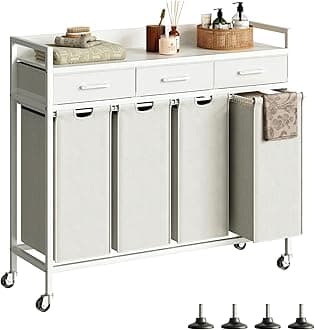 Laundry Sorter 4 Section Laundry Hamper with Shelf, Durable 4 Section Laundry Basket with Rolling Wheels & Storage Drawers, 4 x 13.26 Gallons (50L), White PF10XLW