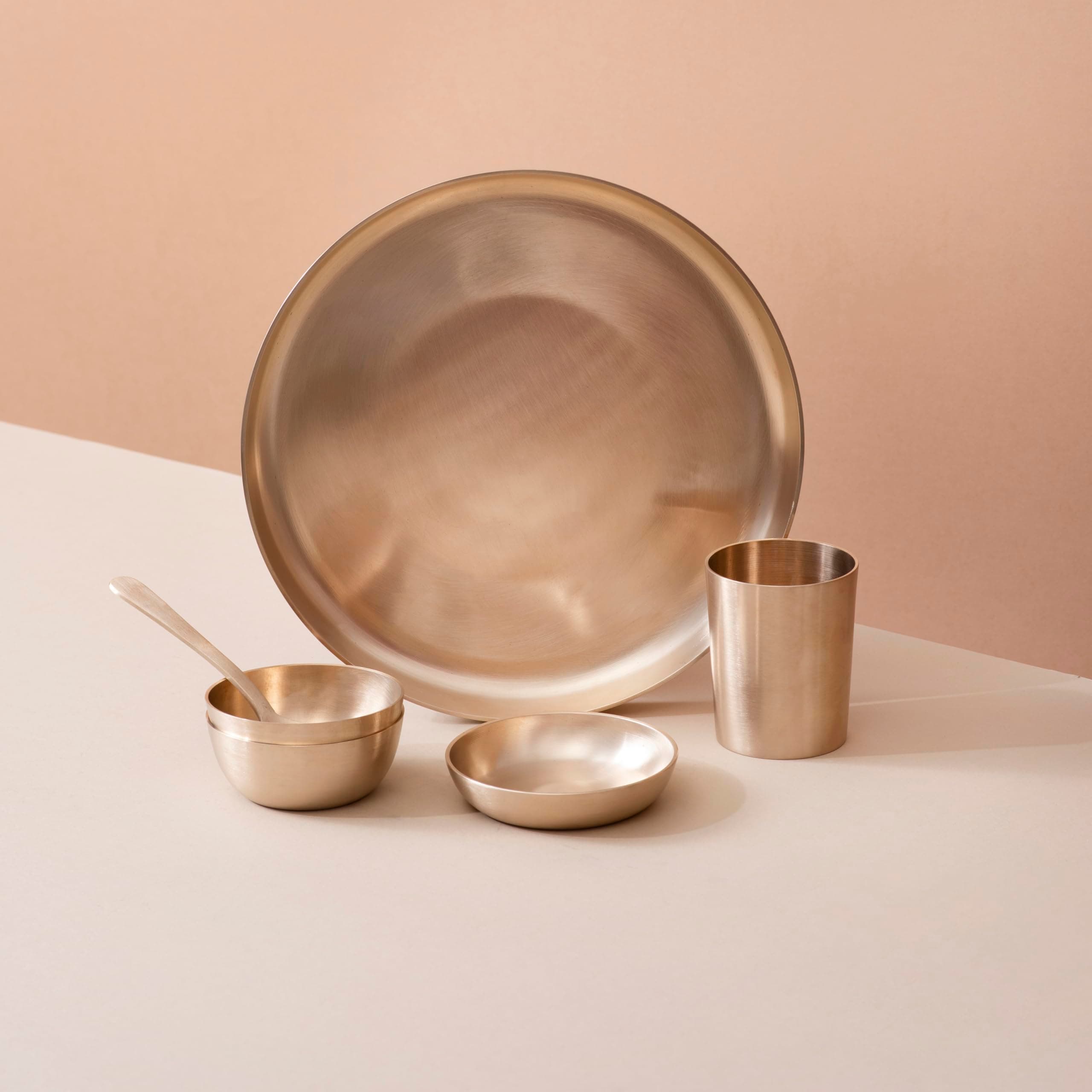 Veda Essentials. 6-Piece Pure Kansa Solid Dinner Set | Matte Finish | 1 Plate (10.5” Thali), 2 Bowls, 1 Glass, 1 Sweet Dish Plate, 1 Spoon | Authentic Bronze Thali Set (कांसे का थाली सेट)