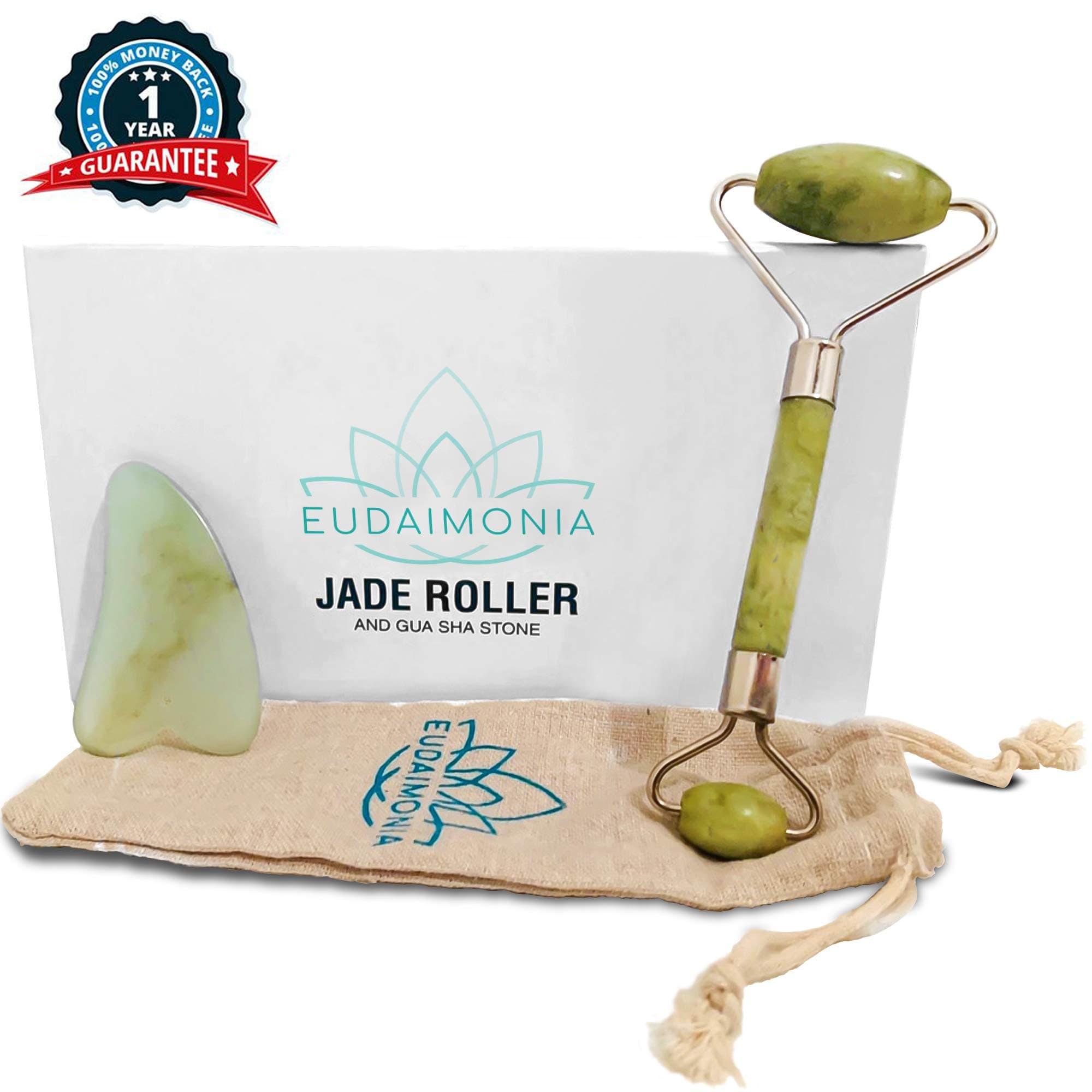 Eudaimonia Jade Roller and Gua Sha Massage Tools II Organic Natural Jade Stone II Jade Facial Massage Roller for Slimming, Firming, Lifting II Remove Wrinkles, Puffiness, Rejuvenate Skin for Women II