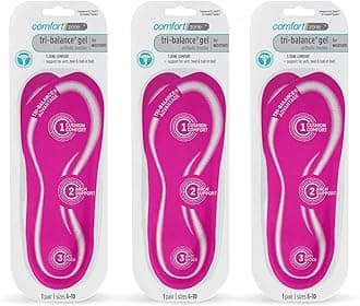 Tri-Balance Gel Orthotic Insoles for Women, Non-Slip & Cushioned, Fits Well with Heel & Ball of Foot Supports, 3/4 Length Arch Support Inserts for Women, Sizes 6-10, 1 Pair, Pack of 3