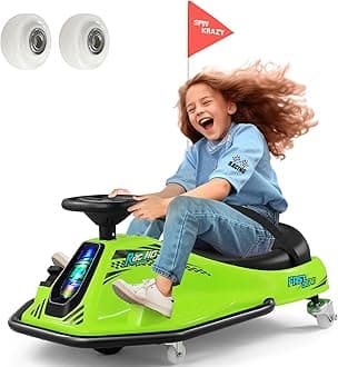 - 360 Degrees Rotating Ride On Drift Car, 24V Electric Drifting Go Kart for Kids W/24V Brushless Motor，Replacement Wheels, 3-7.5mph Speed, Flashing Lights, Flag, Music,Bluetooth,Green