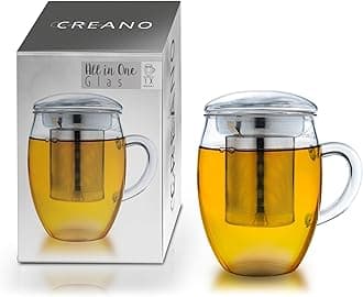 Creano Tea Glass All in One 400 ml, Large Tea Cup with Stainless Steel Strainer and Glass Lid, Tea Maker in Attractive Gift Packaging (1 x 400 ml)