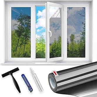 Linarun One Way Window Film Privacy 90x200 Privacy Film for Glass Windows Mirror Reflective Window Film UV Blackout Anti Glare Daytime See Out Not In, Black Silver