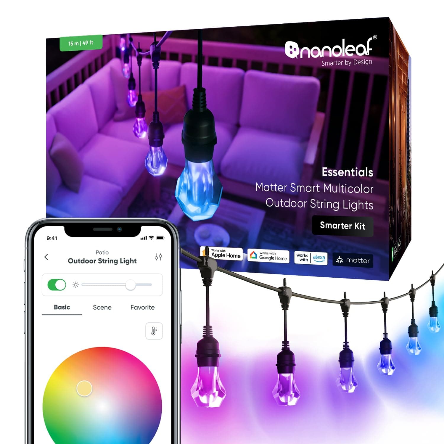 Essentials Matter Smart Multicolor Outdoor String Lights Smarter Kit with Addressable RGBICW LED Bulbs, White and Color-Changing, Wi-Fi + Bluetooth, IP 65 Water Resistant (49ft, 20 Bulbs)