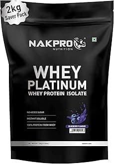 NAKPRO Platinum Whey Protein Isolate 2kg Blueberry | 28g Protein, 6.4g BCAA | Trustified Certified 100% Authentic Supplement Powder & No Adulteration | Low Carbs, Fast Absorbing Whey Protein Powder