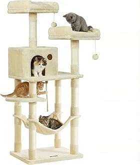 Cat Tree, 56.3-Inch Cat Tower, Multi-Level Plush Condo with 11 Scratching Posts, 2 Perches, Hammock, Cave, Beige UPCT15BE