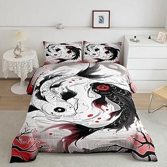 Feelyou Kids Japanese Koi Fish Comforter Set King Size Yin Yang Bedding Set Boys Girls Cherry Blossoms Comforter Japanese Style Japanese Ukiyoe Theme Quilt Set