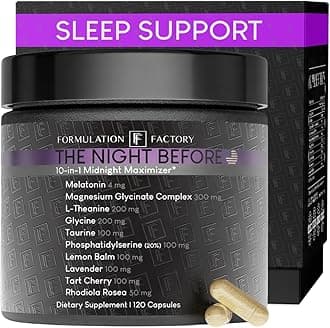 - Formulation Factory The Night Before 10-in-1 Sleep Support | Melatonin 4mg, Magnesium Glycinate 300mg, L-Theanine, Glycine & More | Supports Relaxation, Calm & Recovery (120 Capsules 2 Month Supply)