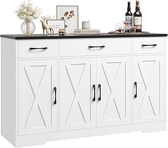 HOSTACK Buffet Sideboard Cabinet with Drawers, 55" Large Buffet Storage Cabinet with Shelves and Doors, Modern Farmhouse Coffee Bar Station Wood Kitchen Table for Kitchen, Dining Room, White/Black