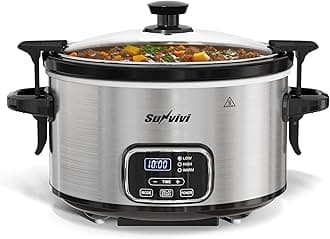 Sunvivi 4QT Programmable Slow Cooker with Locking Lid, Removable Ceramic Pot, 3 Heating Settings & Timer, Dishwasher-Safe, Stainless Steel Silver