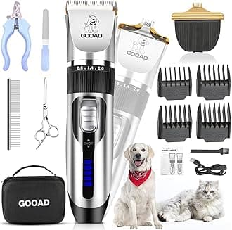 Dog Clippers Grooming Kit and Paw Trimmer,Cordless,Low Noise, Electric Quiet,Rechargeable, Dog Trimmer Grooming, Pet Hair Clippers for Thick Coats,Shaver for Small and Large Dogs Cats(Silver)