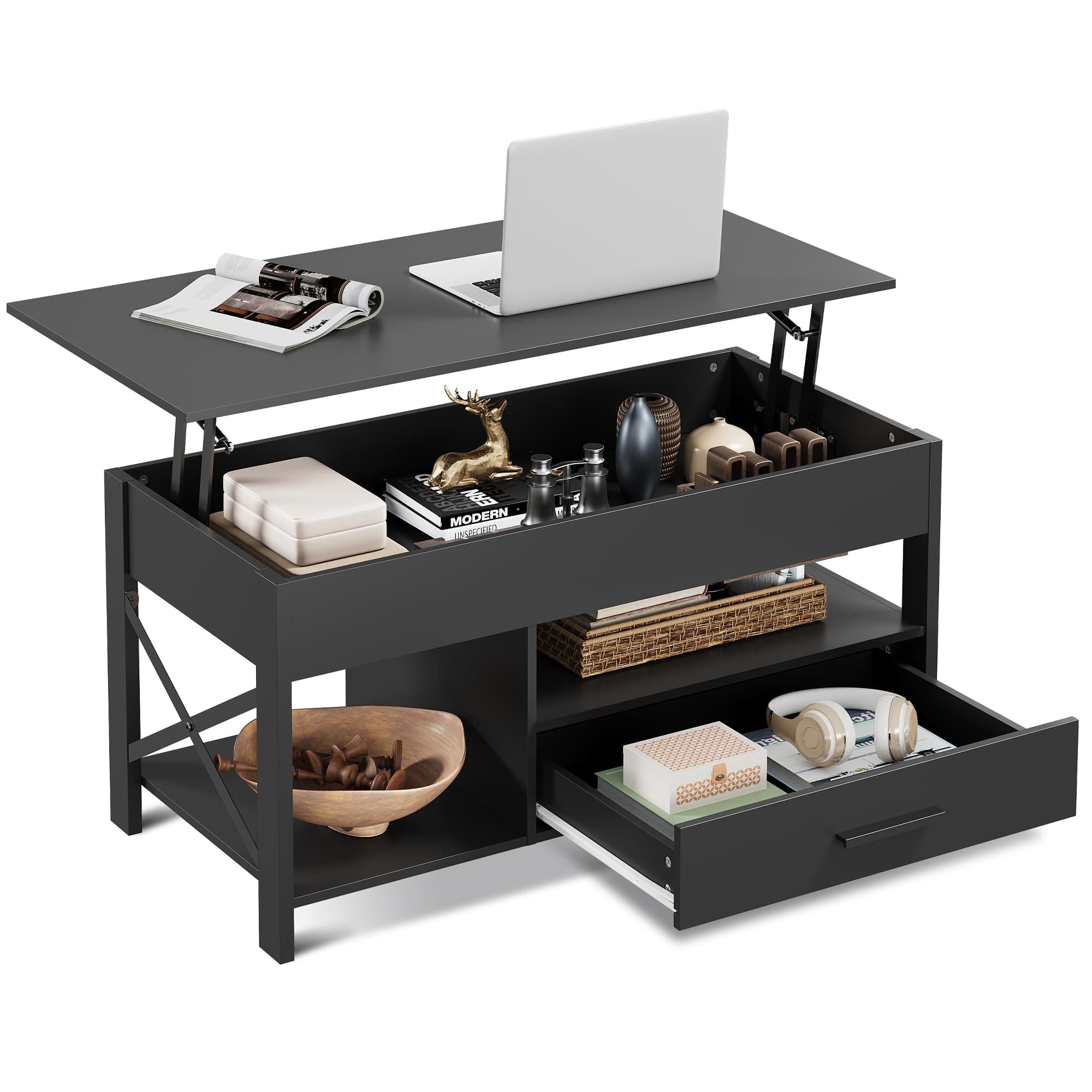 Coffee Table, 39" Lift Top Coffee Table with Hidden Compartment, Storage Drawers and Storage Shelf for Living Room, Reception Room, Black