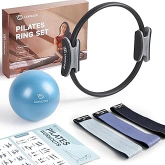 LIONSCOOL PILATES RING SET - Premium Anti-Deformation 14”Magic Circle with Dual Padded Handles - Includes Burst Resistant Pilates Mini Ball & Highly Elastic Resistance Bands - Free Workout Guide & Bag