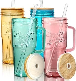 ANOTION Colored Glass Cups with Handle Set of 4, 24oz Glass Cups with Lids and Straws Travel Coffee Mug Bamboo Mason Jar Iced Cup Smoothie Tea Clear Cute Water Drinking Jars Glasses