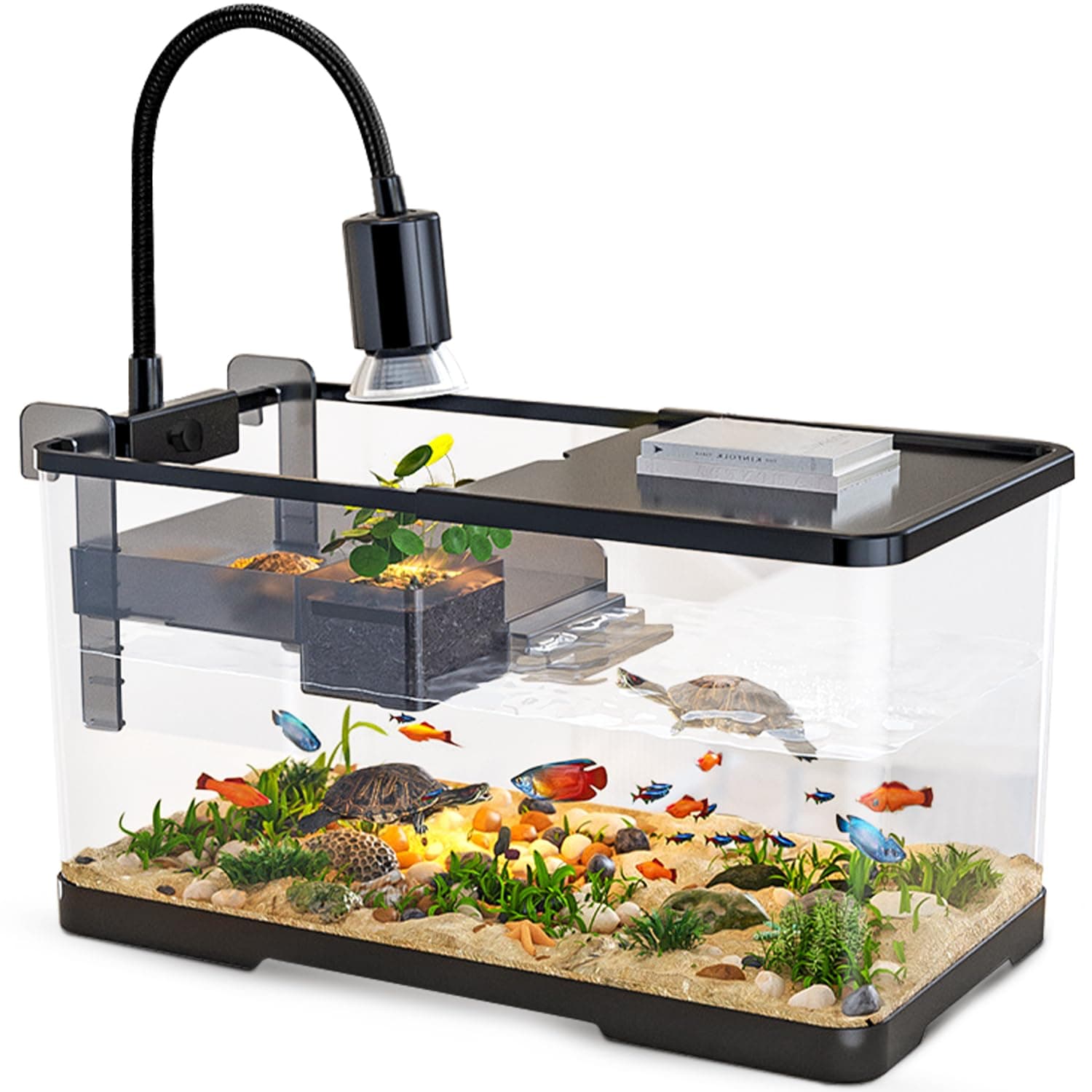 (Tank + Light + Filter + Filter Balls) Turtle Tank Kit, Turtle Tank Starter Kit,Bottom Drainage, Multi-Function Areas for Turtles, Crabs,Fishes, Amphibians,Reptiles. (21.65 x 12.28 x 12.28 Inch) New