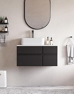 Bathroom Vanity Floating Bathroom Sink Cabinet with Ceramic Vessel Sink Wall Mounted Floating Vanity (Black & White, 31.5" W)