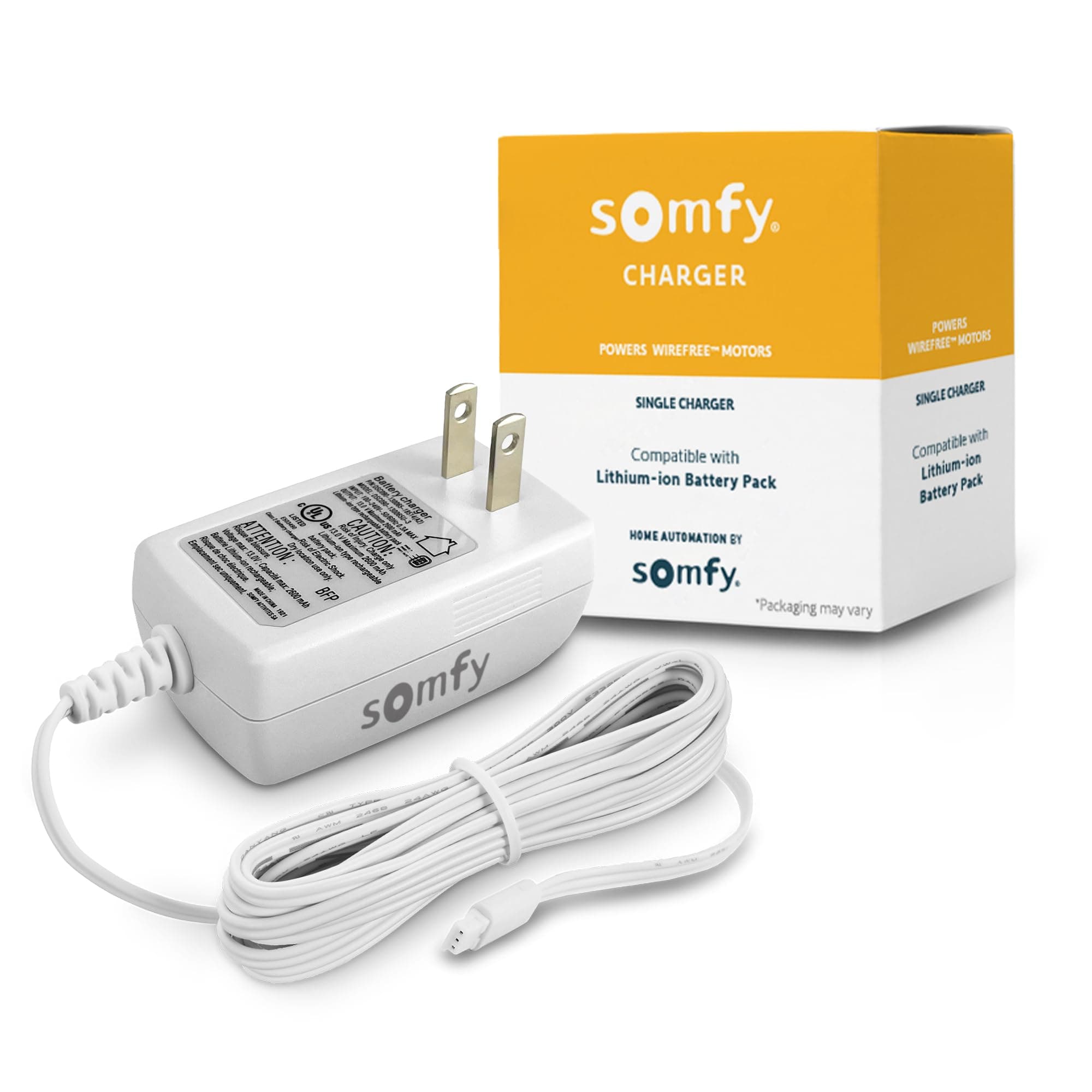 Somfy Charger for V2 Wirefree Motors – Powers External Battery Pack – Compatible with Sonesse 30/40 & Altus 28 – 3-Pin Connector – LED Indicator – 6-Foot Cable – #9025166