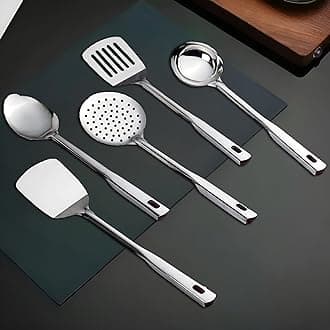 Parage Premium Stainless Steel Kitchen Tools Set for Cooking, Set of 5, Silver (Contains: 1 Ladle, 1 Skimmer,1 Turner, 1 Spatula, 1 Slotted Turner)