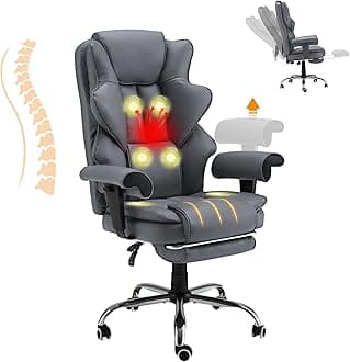 HOMREST 6-Point Massage Office Chair,Heating Executive Chair,Ergonomic Home Office Desk Chair with Retractable Footrest and Reclining Function,Leather Computer Chair with Adjustable Armrest(Gray)