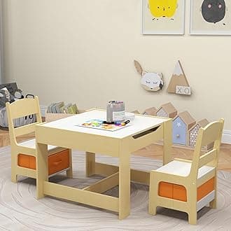 Costzon Kids Table and Chairs, Multifunctional Wooden Toddler Activity Desk Set w/Reversible Tabletop, Storage Drawers and Bookshelves for Drawing, Reading, Crafts, Toddler Table and Chair Set