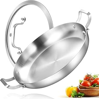 10-Inch Tri-Ply Stainless Steel Paella Pan with Lid, Omelet Pan, Large Skillet, Griddle, Stir-Fry, Jumbo Cooker, Induction Cooking, Dishwasher and Oven Safe