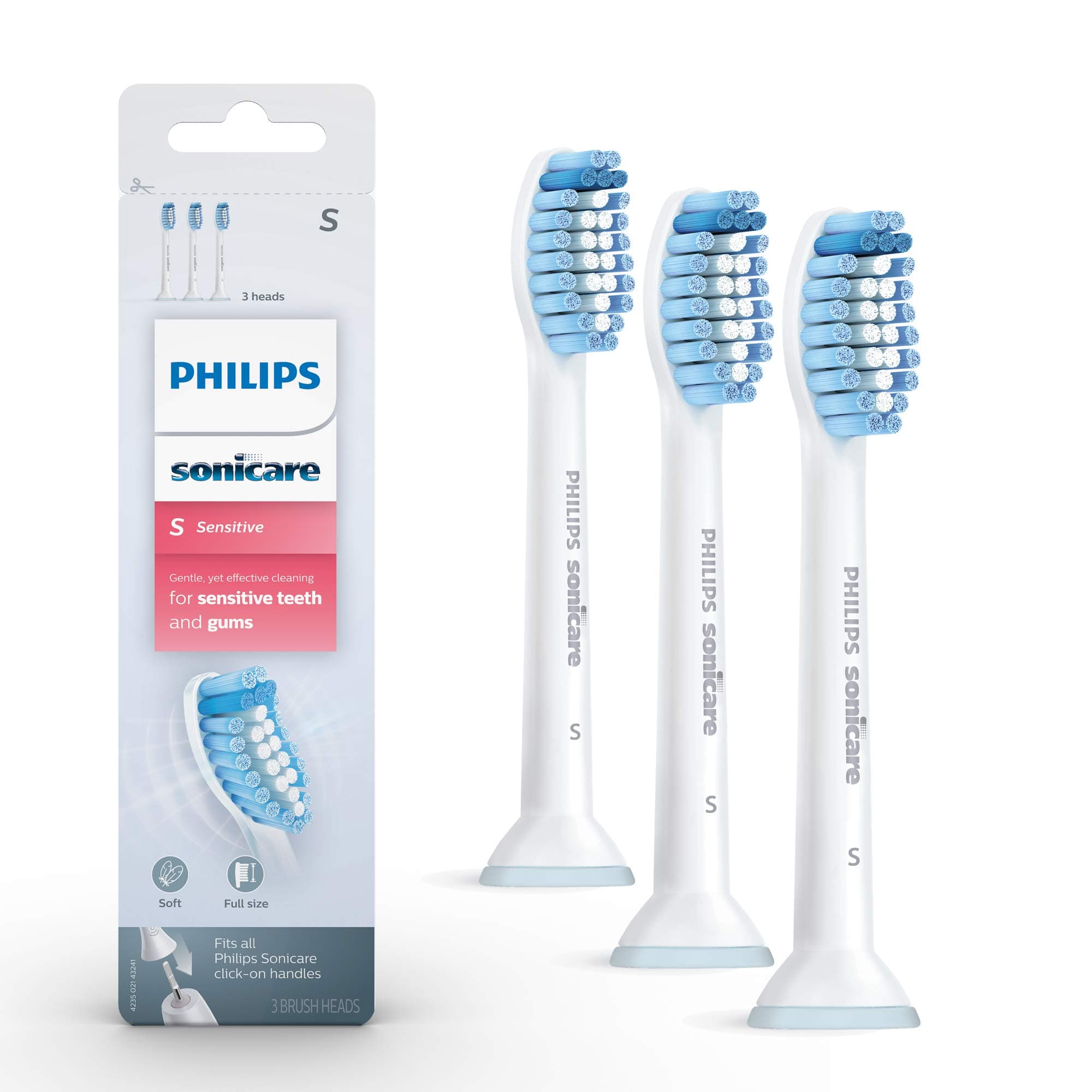 Sonicare Philips Genuine Sensitive Replacement Toothbrush Heads for Sensitive Teeth, 3 Brush Heads, White, HX6053/64