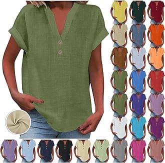 Yinguo Ladies Tops 2025 Women's Summer Cotton Linen Cap Sleeve T-Shirt Button V Neck Tunic Tops Fashion Baggy Solid Plain Shirts Trendy Blouse 1