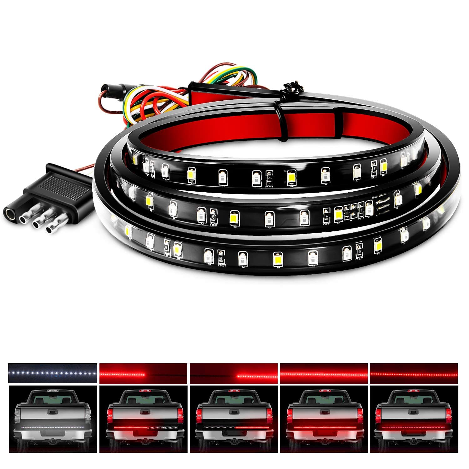 Nilight - Tr-11 48”/49” Led Tailgate Light Strip 90 Red/White For Running Brake Turn Signal Lights Reverse Light,2 Years Warranty, 48"/49" Truck Bar