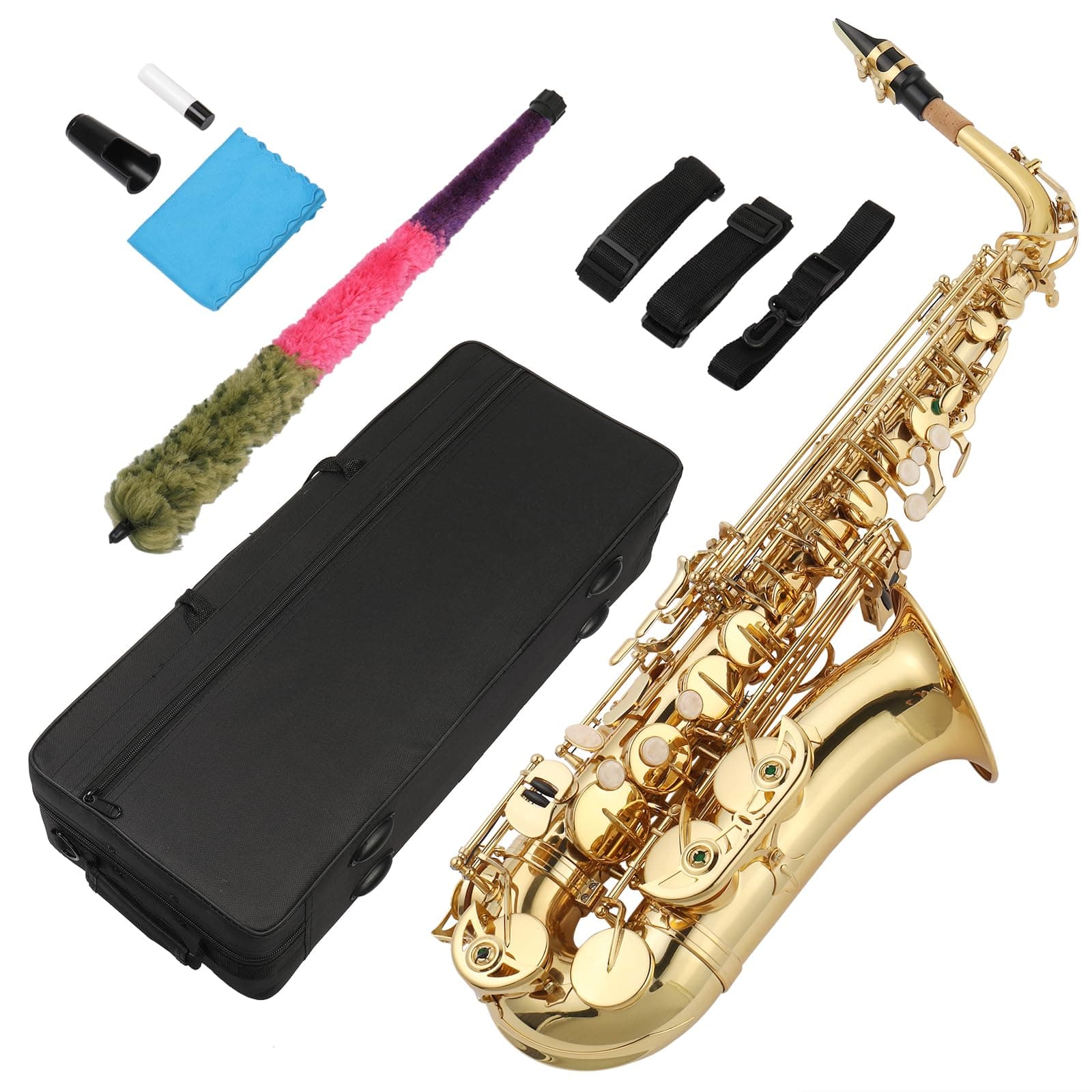 Alto Saxophone Drop E Flat Brass Sax Beginner Sax Full Kit with Mouthpiece, Carrying Case, Gloves, Cleaning Cloth Bar, Detachable Strap, Shoulder Strap, Reed