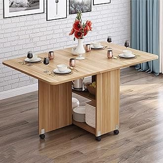 Kitchen Dinner Table, Rectangle Wood Drop Leaf Table, Expandable Folding Dining Table with 6 Wheels, Round Edge Design, for Small Space Dining Table